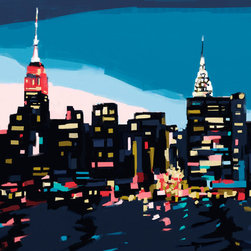 New York Skyline At Dusk - Navy Blue Teal + Pink - Fine Art Prints