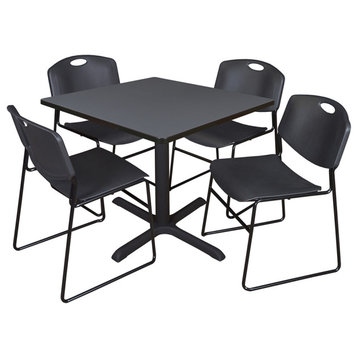Cain 36" Square Breakroom Table- Grey & 4 Zeng Stack Chairs- Black