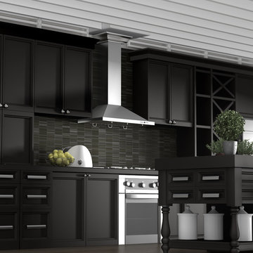 A black kitchen featuring a ZLINE KBCRN Stainless Steel Wall Range Hood