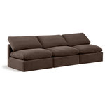 Meridian Furniture - Indulge Upholstered Modular Sofa, Brown, 3-Piece: 3 Armless Chair, Down Stuffed Velvet - Experience ultimate comfort and style with our brown velvet Indulge Sofa. The luxurious velvet will elevate the aesthetic of any room. This sofa provides ample space for you to relax while its modular build offers the option of unlimited configurations. Whether you're looking to add a stylish element to your living room or a comfortable seating option to your bedroom, this sofa is the perfect choice.