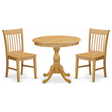 3 Pc Dining Set, 1 Table, 2 Oak Dining Chairs, Slatted Back, Oak Finish