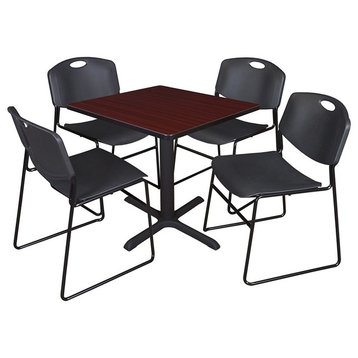 Cain 30" Square Breakroom Table, Mahogany and 4 Zeng Stack Chairs, Black