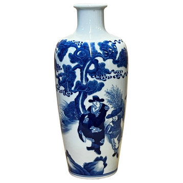 Chinese Blue White Porcelain Round Body People Theme Vase Hws2987