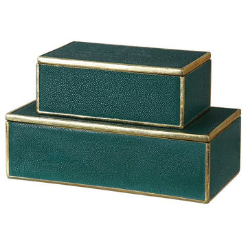 Malachite Green Gold Lidded Box 2-Piece Set, Trinket Gift Emerald