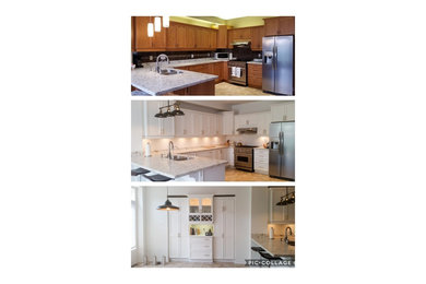Large farmhouse l-shaped eat-in kitchen photo in Toronto with shaker cabinets and an island