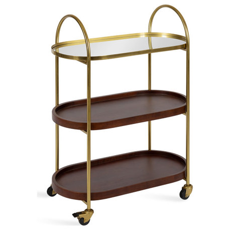 Maxfield Wall Bar Cart, Walnut Brown/Gold, 26"x13"x36"