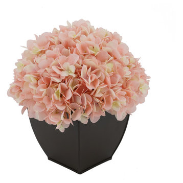 Artificial Hydrangea in Matte Brown Tapered Zinc Cube, Pink
