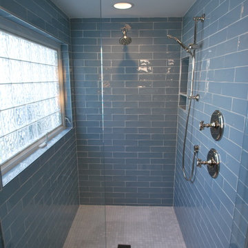 Light Blue Shower with Square Marble Mosaic Floor