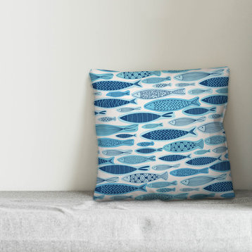 Blue School Of Fish Pattern 16x16 Throw Pillow Cover