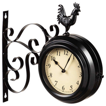 Metal Rooster Double Sided Outdoor Thermometer Clock