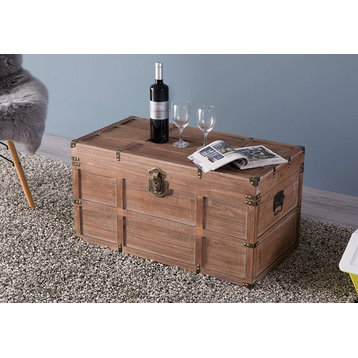 Transitional Storage Trunk, Wooden Construction With Lockable Latch, Brown
