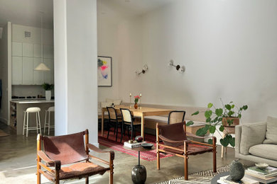 Example of a trendy loft-style concrete floor living room design in New York with white walls