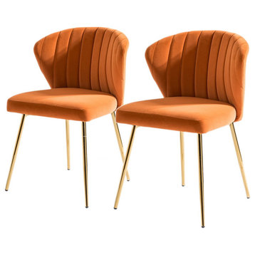 4 Pack Dining Chair, Elegant Gold Legs With Velvet Seat Channeled Back, Orange