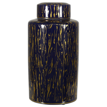 Benzara BM263846 Jar With Lid Closure and Abstract Line Pattern, Gold