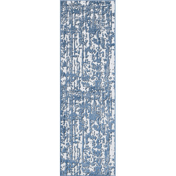 Alvis Contemporary Abstract Area Rug, Blue/White, 2'3''x7'3''