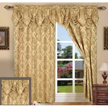 Set of 2 Penelope Curtain Panels With Attached Austrian Valance, 84" Long, Gold