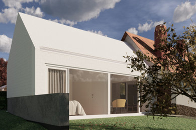 Inspiration pour une façade de maison blanche design en bardeaux de plain-pied et de taille moyenne avec un toit à deux pans et un toit blanc.