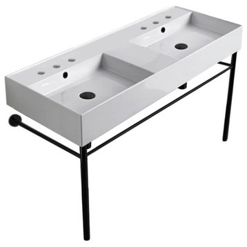 Double Ceramic Wall Mounted Sink With Matte Black Stand, Six Hole