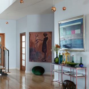 Неиссякаемый источник вдохновения для домашнего уюта: коридор в современном стиле с синими стенами, светлым паркетным полом и бежевым полом