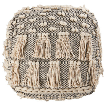 Arcola Handcrafted Boho Fabric Cube Pouf With Tassels, Ivory