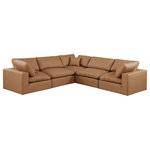 Meridian Furniture - Comfy Upholstered L-Shaped Modular Sectional, Cognac, 5-Piece: 2 Armless Chair, 3 Corner Chair, Vegan Leather - Give your space a whole new look with this cognac Comfy vegan leather sectional. This handsome sectional fits nicely with other items in the Comfy collection and is a versatile seating option designed for adaptability, comfort and style. Wrapped in rich cognac durable vegan leathered upholstery, this sectional offers a plush embrace of overstuffed down feather cushions, carefully crafted to deliver the highest level of comfort. The perfect seat for creating an oasis for relaxation, this sectional has thick foam surrounding its frame for added support and coziness.