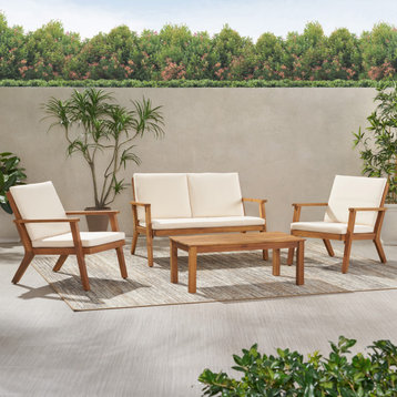 Temecula Outdoor Acacia Wood 4 Seat Chat Set With Cushions, Brown Patina Finish and Cream