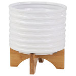 Sagebrook Home - Ceramic 9" Planter On Stand, White Stripe - Be proud of your garden by accesorizing all your favorite plants with this stylish white ceramic pot. The vessel is being held up by a wood stand ad has a ridged design in the exterior. There is no drainage hole, guranteed to not have a mess.