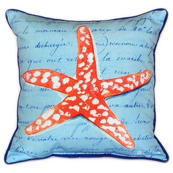 Pair of Betsy Drake Coral Starfish Blue Large Pillows 18 Inchx18 Inch