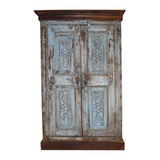 Mogul Interior - Consigned Antique Distressed Vintage Cabinet Original Floral Carving Storage - Armoires and Wardrobes