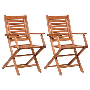 Set of 2 Folding Chair, Eucalyptus Wood Construction With Slatted Back, Brown