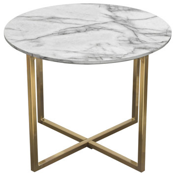 Vida 24" Round End Table  Faux Marble Top and Brushed Gold Metal Frame
