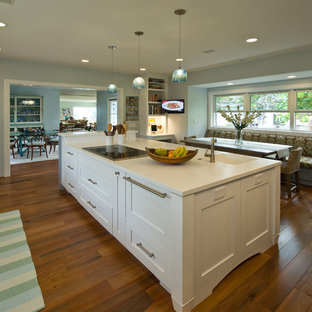 Photo of a tropical kitchen pantry in Hawaii with an integrated sink, shaker cabinets, white cabinets, solid surface benchtops, blue splashback, glass tile splashback, panelled appliances and with island.