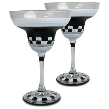 Black & Checkered Chalk Margarita Glasses, Set of 2