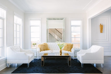 Inspiration for a mid-sized transitional formal and open concept dark wood floor living room remodel in Chicago with white walls