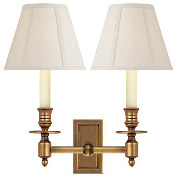 French Double Library Sconce in Hand-Rubbed Antique Brass with Linen Shades