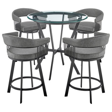 5-Piece Counter Height Dining Set In Black Metal and Gray Faux Leather