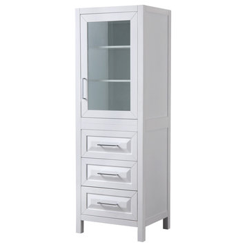 Daria Linen Tower in White with Chrome Trim & Shelved Cabinet Storage