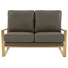 LeisureMod Jefferson Faux Leather Design Loveseat With Gold Frame Gray