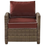 Crosley - Bradenton Outdoor Wicker Arm Chair With Sangria Cushions - This finely crafted all-weather armchair makes a sophisticated addition to any outdoor space. Boasting a durable steel frame, this chair features an intricately woven wicker casing that exudes an elegant country charm. Complete with moisture-resistant cushions with weather-resistant cushion covers, the sangria Bradenton Outdoor Wicker Arm Chair is super easy to assemble and maintain.