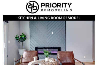 Example of a mid-sized minimalist formal light wood floor and brown floor living room design in Los Angeles with gray walls, a ribbon fireplace and a wood fireplace surround
