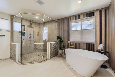 Bathroom - mid-sized transitional white tile and ceramic tile porcelain tile, beige floor and double-sink bathroom idea in Denver with shaker cabinets, green cabinets, a two-piece toilet, beige walls, an undermount sink, quartz countertops, a hinged shower door, white countertops and a built-in vanity