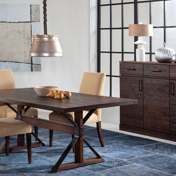 Tremont Trestle Table, 60" 3-Door Oak Credenza, and Classic Parson Side Chairs