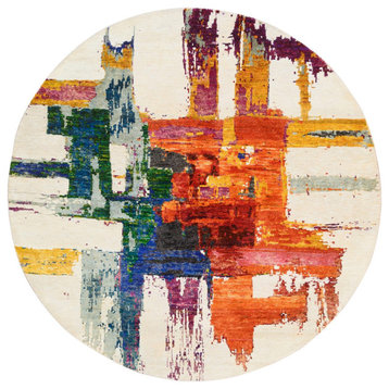 Colorful Modern Abstract Motifs Wool and Silk Hand Knotted Round Rug, 5'0"x5'0"