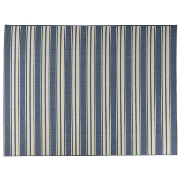 Indoor Outdoor Area Rug, Machine Woven Design With Blue/Ivory Striped Pattern
