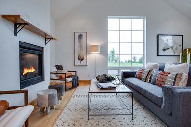 This is an example of a mid-sized contemporary formal enclosed living room in Other with white walls, light hardwood floors, a standard fireplace, a metal fireplace surround, no tv and brown floor.