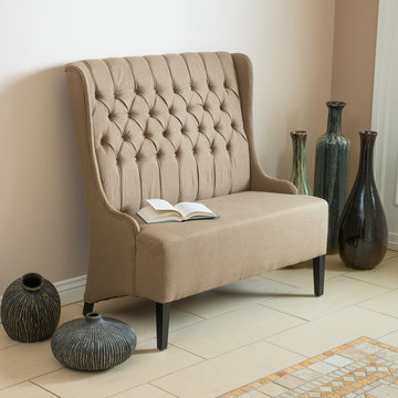Contemporary Living Room w/ Light Brown Wingback Loveseat Sofa