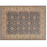 Bareens Designer Rugs - Classic Ziegler Spear Grey Beige Hand-Knotted Wool Rug - 8'1'' x 9'9'' - Enhance the ambiance of your home with this magnificent Persian-influenced Turkish hand-knotted rug made by skilled artisans capable of creating the most exceptional vegetable dyes and hand-spun wool. This exquisite handmade rug is a one-of-a-kind Peshawar Kafkaz, otherwise identified as Chobi, Chobi Peshawar, Oushak, or Ziegler rug. These handmade rugs are crafted in Pakistan utilizing superior-quality wool imported from Australia, New Zealand, and Korea in two types of weaves: the Persian weave and the Mori weave. This rug is meticulously crafted by hand using the finest natural vegetable dyes extracted from local plants. The artisans use a blend of hand-spun local and fine merino wool, resulting in a rug with a compelling texture, higher lanolin content, and longer staple. The artisans occasionally incorporate natural or artificial silk into the pile to enhance specific motifs. The finished product is an awe-inspiring execution of flawless design and an understated palette that exudes elegance.