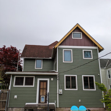 LP SmartSide 5" Clapboard in Garden Sage and Board and Batten in Redwood Red