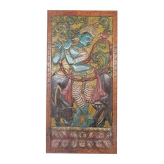 Consigned Krishna with Cow  carved Vintage Fluting Krishna Wall Panel Sculpture
