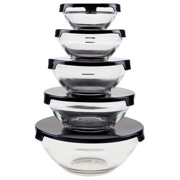 Glass Bowl Set 10 Pieces with Lids by Chef Buddy, Black
